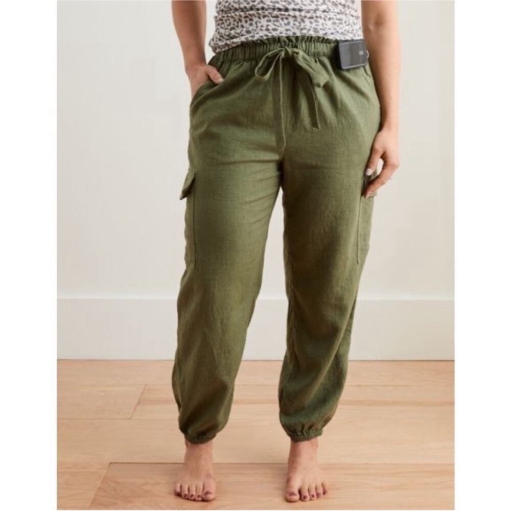 Aerie Linen Blend Paperbag Waist Cargo Joggers in Army Green Small